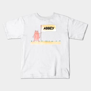 АВВЕУ name. Personalized gift for birthday your friend. Cat character holding a banner Kids T-Shirt